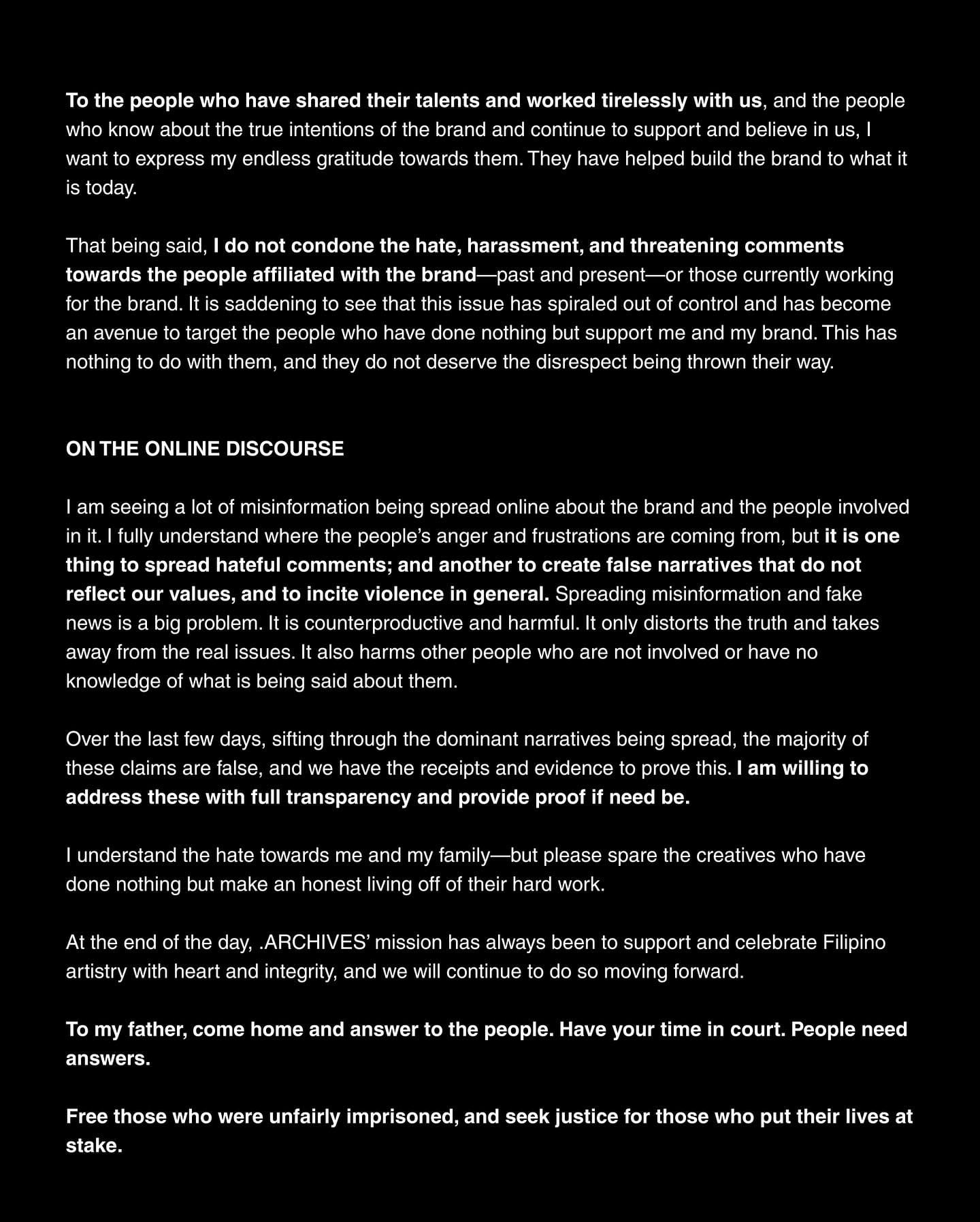 Ellis Co statement on Instagram